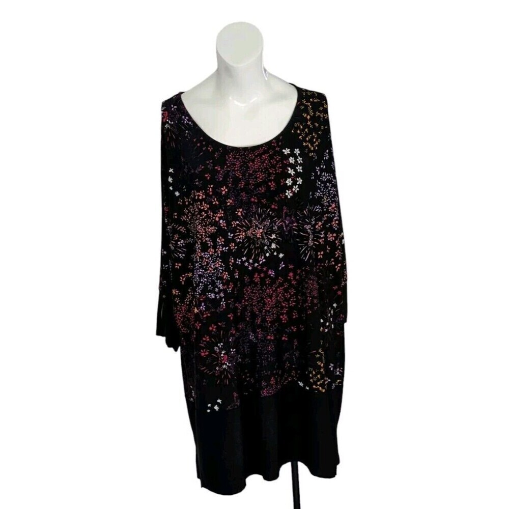 Woman Within Top Women 2X 26/28 Black Floral Fireworks Zip Sleeve Knit Pullover